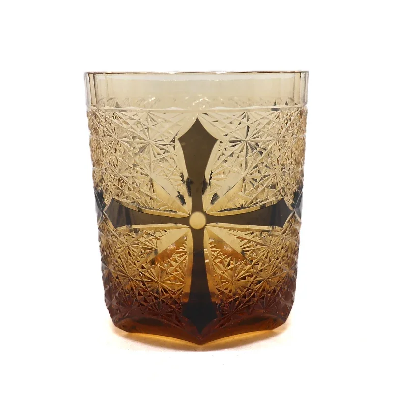 Edo Kiriko Cross Pattern Hand Cut Crystal Tumbler Color Cased Vintage Whiskey Glass Hand Engraved Drinking Cup