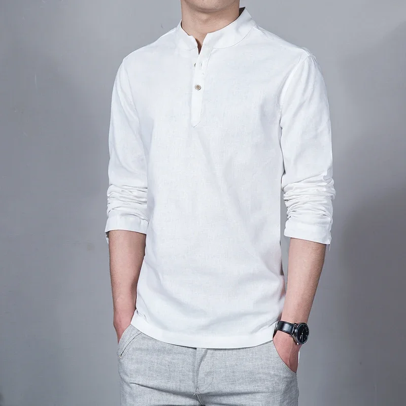 Men\'s Clothing  Men Spring Tops & Tees Male Fashion T-Shirts Stand Collar Long-sleeved Slim Base Shirt Homme Linen t-shirt