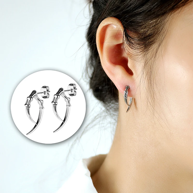 Women Men Gothic Punk Cool Ear Jewelry Boy hip-hop retro cold wind horns bouncy stainless steel ear studs for boyfriend Earrings