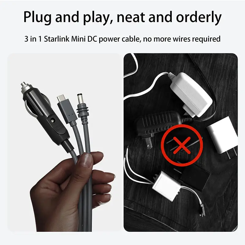 Starlink Mini 3-in-1-Stromkabel 6,5 Fuß/10 Fuß/16 Fuß 18 AWG Zigarettenanzünder-Autoladung, DC, Typ C auf DC Starlink-Minikabel – Detail 6