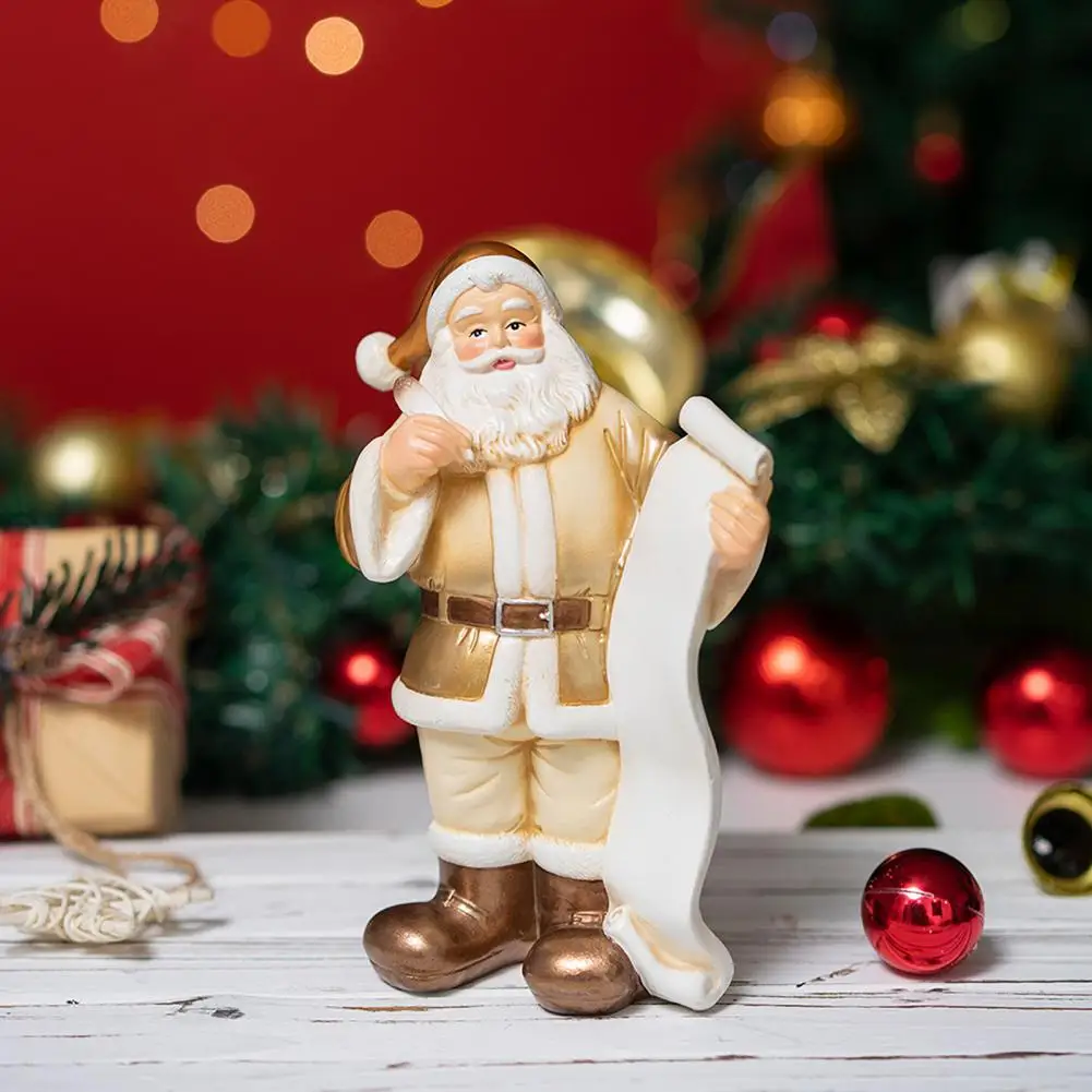 Santa Claus Figurine Small Resin Santa Sculpture with Gift Bag/Wish List for Mantle Bookshelf Tabletop New Year Party Decor