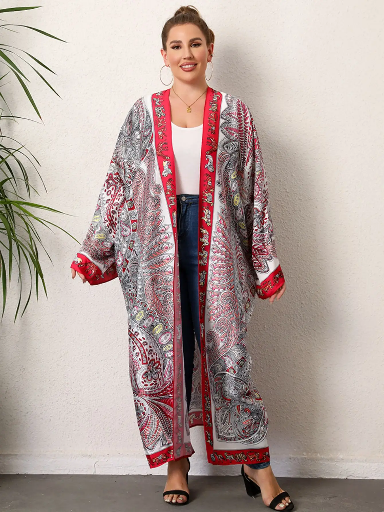 Plus rozmiar Boho Kimono damskie Plus tropikalny nadruk kontrastowe wiązanie z długim rękawem z przodu luźna Kimono plażowe