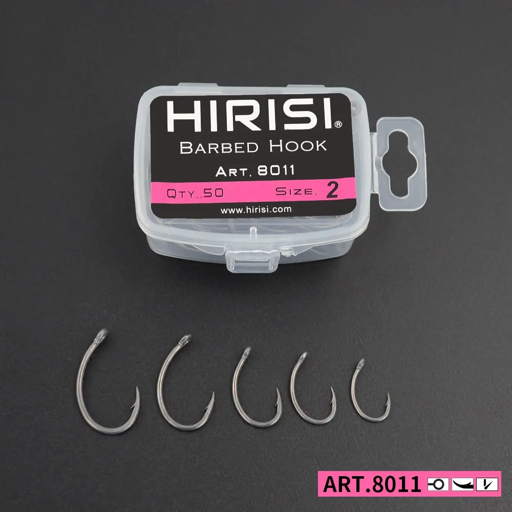 Hirisi Carp Fishing Hooks 50pcs PTFE Coating High Carbon Steel Barbed Hooks In Box 8011