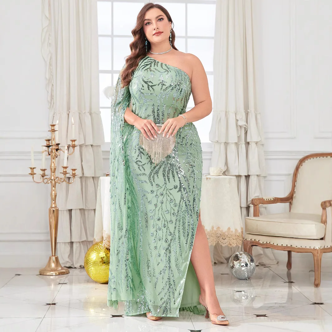 مثير كبير الحجم المرأة طويلة واحدة oulder مائل طوق مساء الدكتور تألق ثوب مسائي Ele عالية الخصر Bodycon تنورة