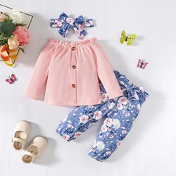 Newborn Baby Girl Clothes Set 3 6 Months Long Sleeve Single Breasted Tops Floral Print Pants Headband One Year Baby Outfits