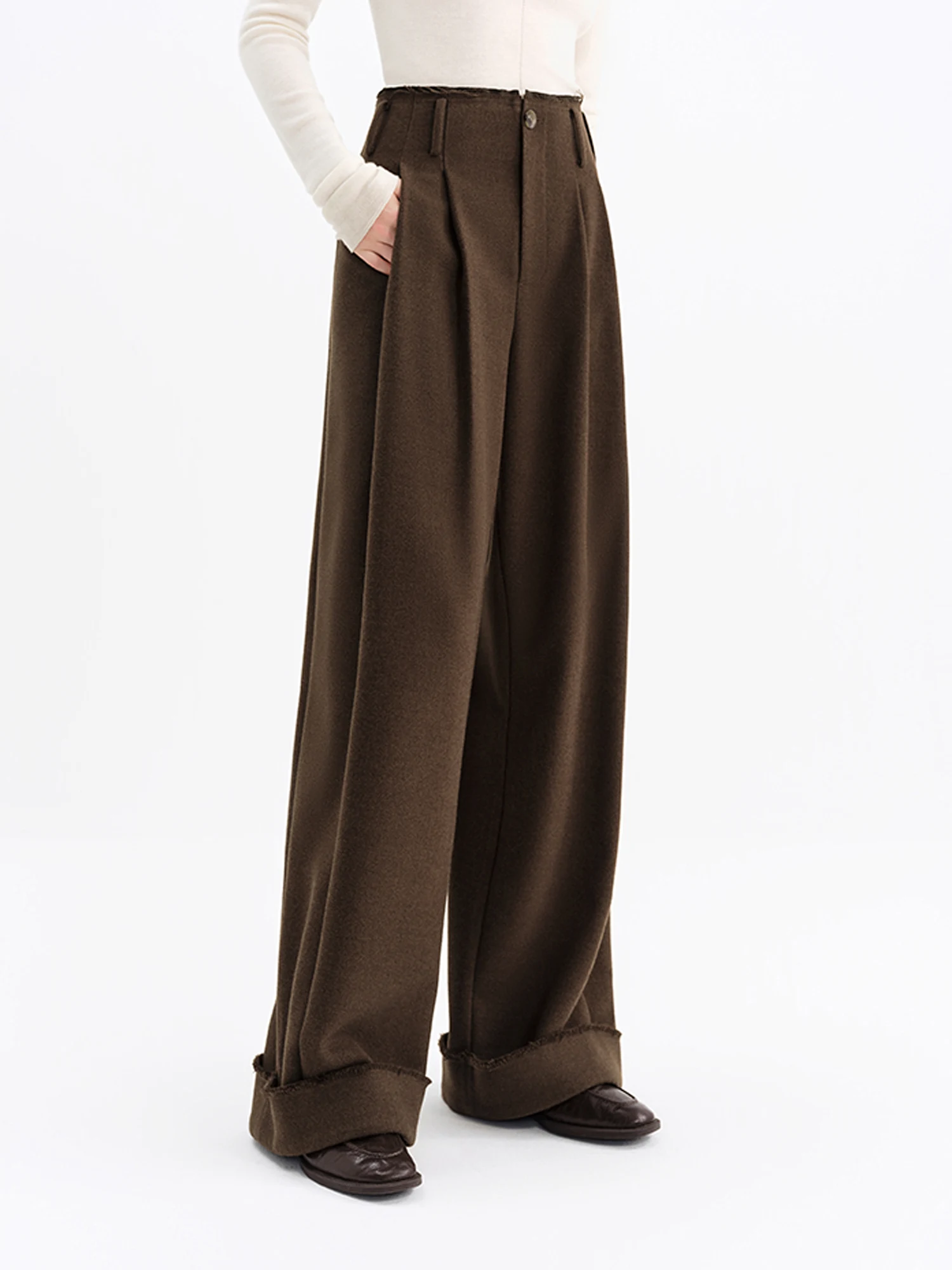 FSLE Vintage Cuffed Design Straight-Leg Casual Pants Slimming  Height-Enhancing Winter 2025 New Arrival Floor Lenghth Collection