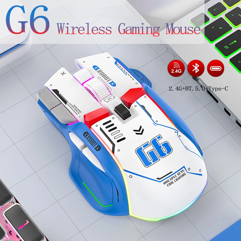 ماوس ألعاب G6 لاسلكي، اتصال ثلاثي الوضع قابل لإعادة الشحن 4000 ديسيبل متوحد الخواص، تشغيل صامت، يدعم سطح المكتب للإرجاع بنقرة واحدة