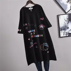 Summer New Printing Letter Mid Length T Shirt Tops Short Sleeve Round Neck Plus Size Pullovers Fashion Casual Women Clothing