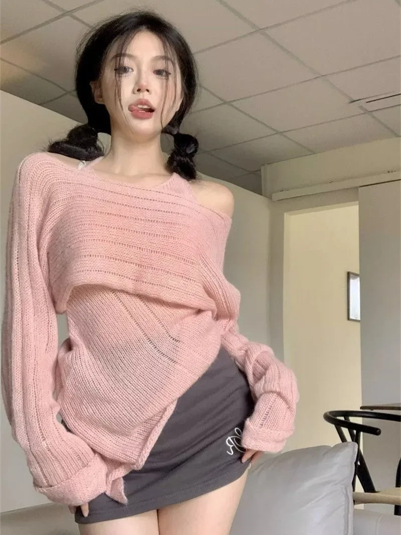 Hollow Halterneck Knit Sweater Women Korean Off Shoulder Fashion Fake Two-piece Solid Loose Sweet Temperament Autumn Sweater Top