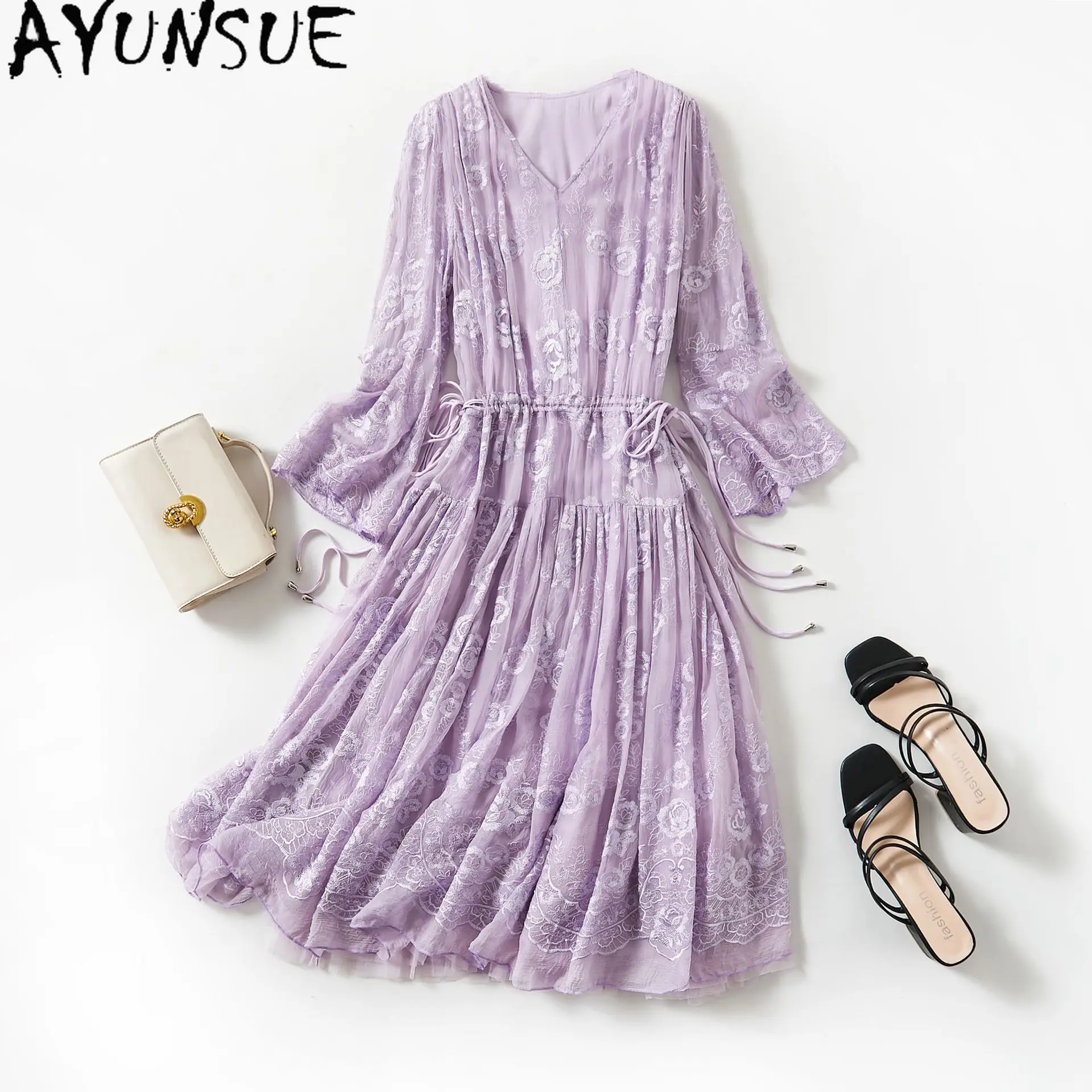 

AYUNSUE Natural Mulberry Silk Embroidery Long Dresses for Woman Clothes V-Neck Purple Elegant Dress Woman Spring Summer 2025