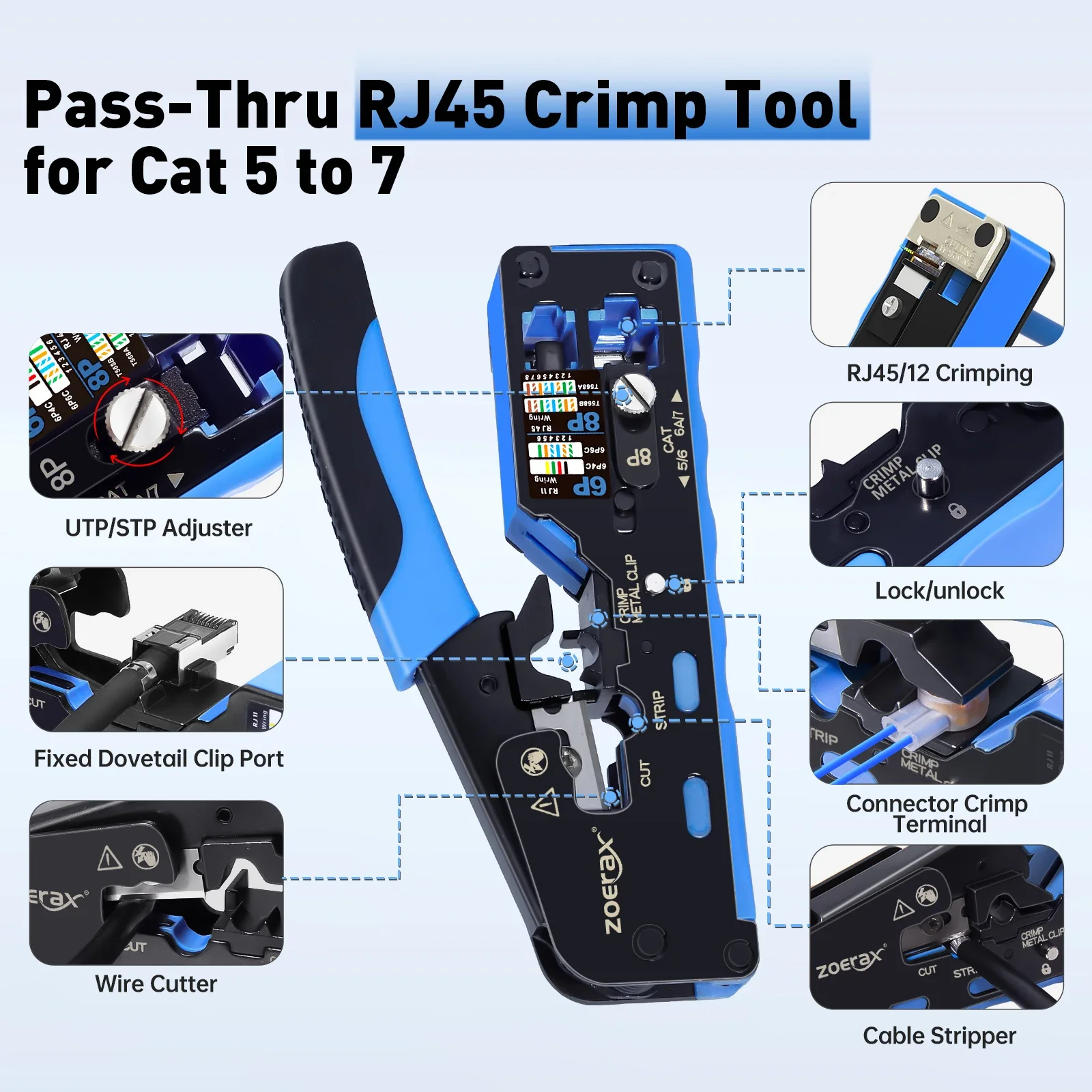 ZoeRax CAT7/CAT6 Pass Through RJ45 Crimper Tool Kit,Network Cable Tester,Punch Down Tool,Stripper Cutter,CAT6/CAT5 Connector.