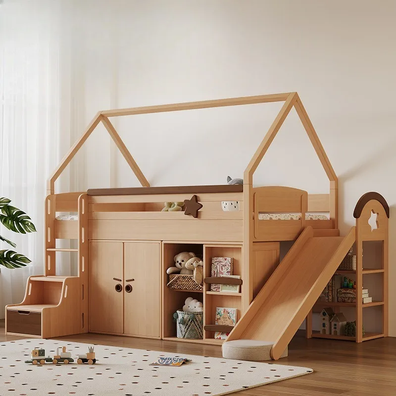 Flying house castle slide solid wood beech half height bed boy girl treehouse bed
