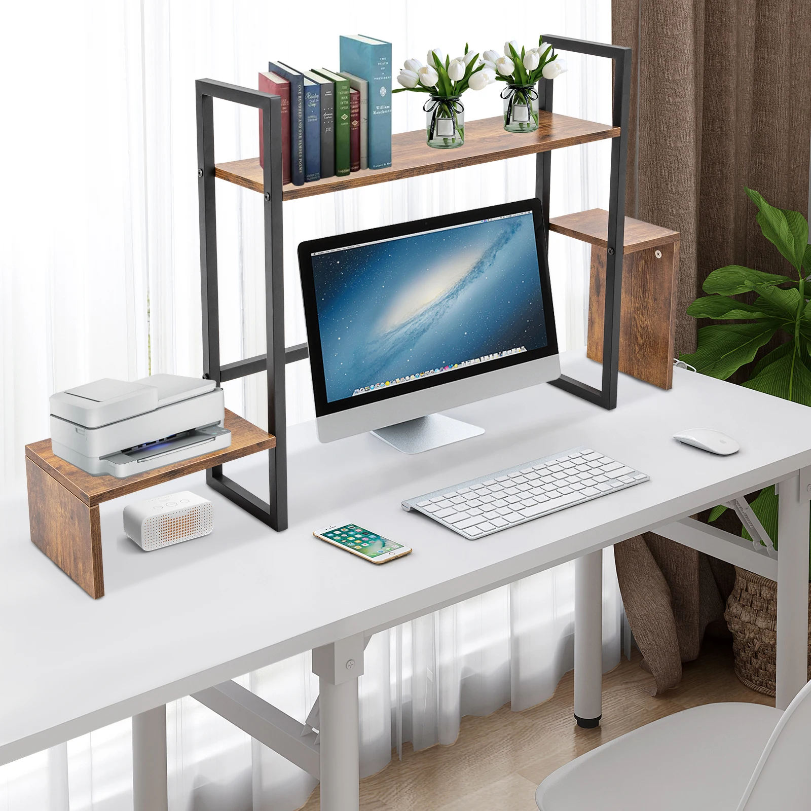 Brown Computer Desktop Bookshelf, Countertop Display Shelf, Desk Storage Organizer,Overall Load-bearing Capacity About 75kg