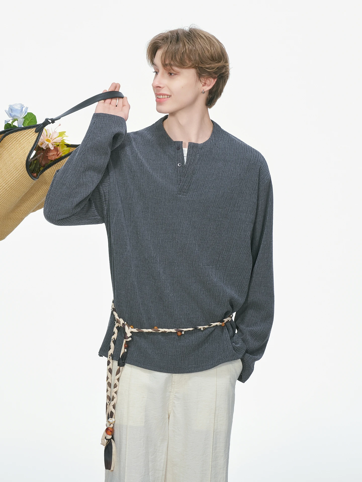 Long Sleeve Henry Collar T-Shirt Men's Base Layer Shirt Inner Wear Spring Autumn Dream Made Vintage Branch Texture Men's Top