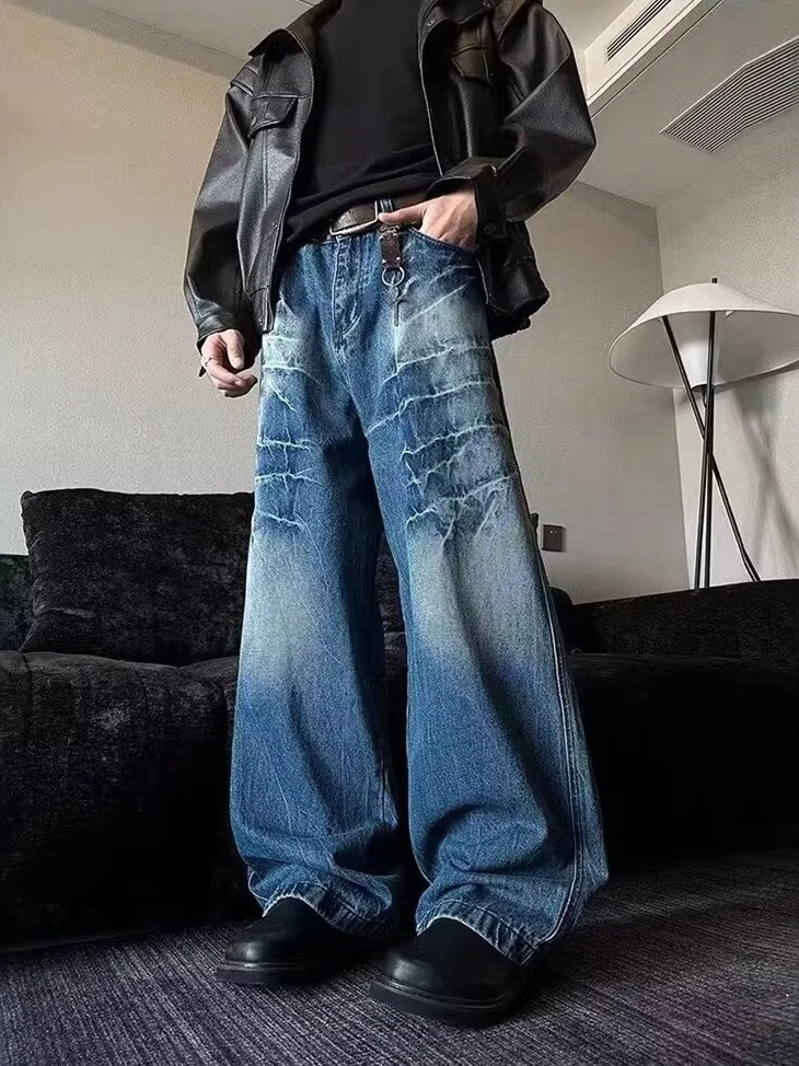 

Retro High Street American Waed Faded Lightning Cra Pattern Cleanfit Men's Loose Wide Leg Jeans Casual Straight Tube Jeans