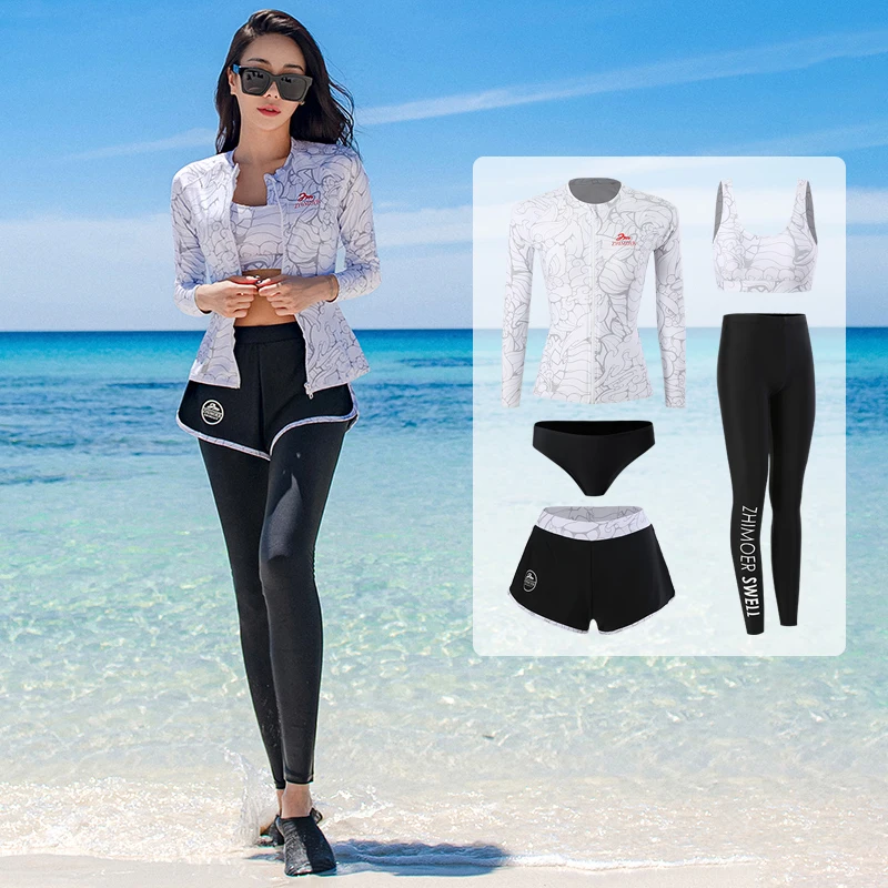 Long Sleeve Pants Rash Guard Women Printed 5 Pieces Swimsuit Zipper Swimwear Bathing Suits Surfing Couples Men 3 Piece 2023 New