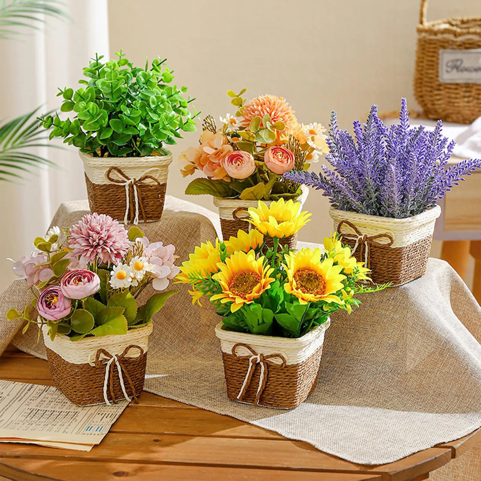 1 Stück künstliche Topfblumen, künstliche Blumen im Korb, rustikale gefälschte Topfpflanzen