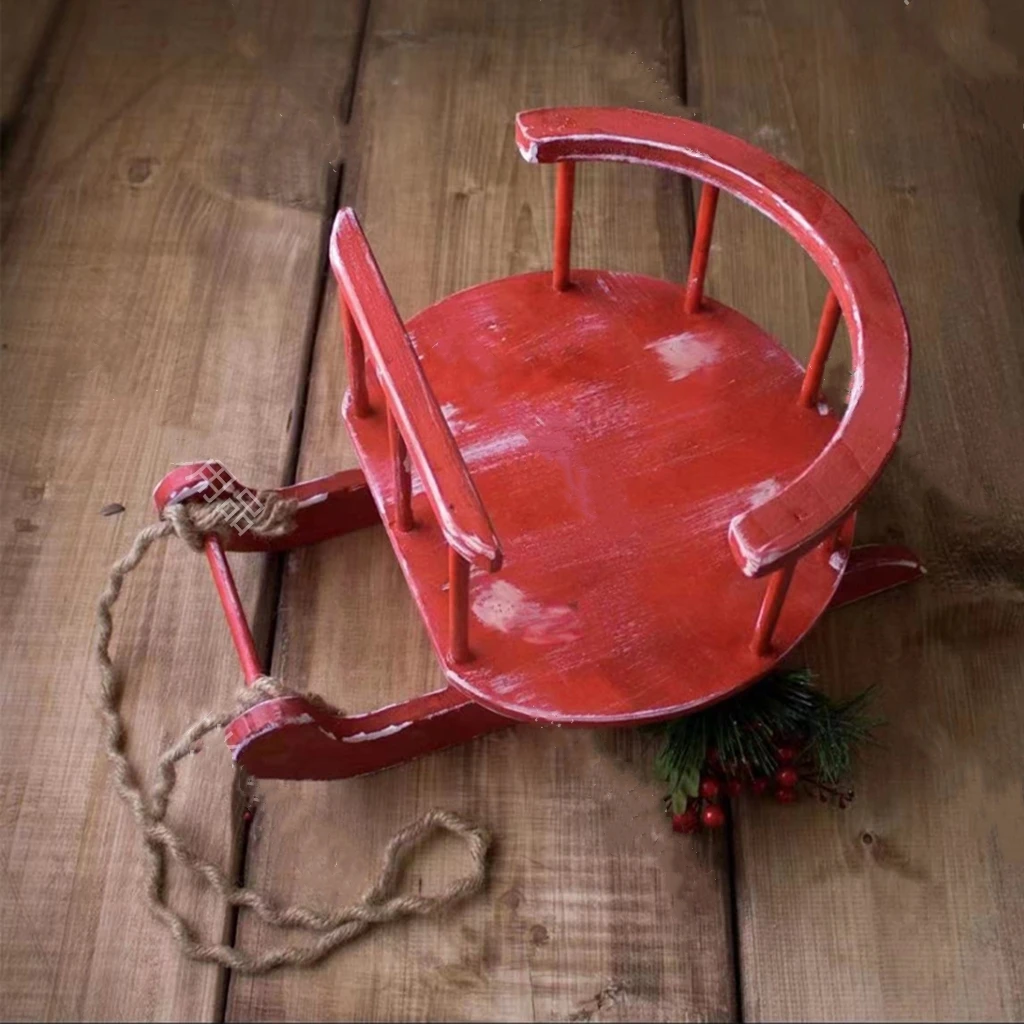 Adereços De Fotografia Recém-nascido, Bebê Tiro, Trenó De Madeira Vermelho Para Estúdio, Foto De Ano Novo, Natal