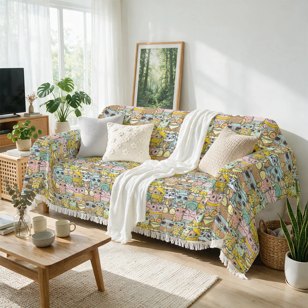 Cute Owl Print Throw Blanket for Sofa Couch Decor Living Room Seating Throw Cozy Nap Cover Rustic Cottage Style