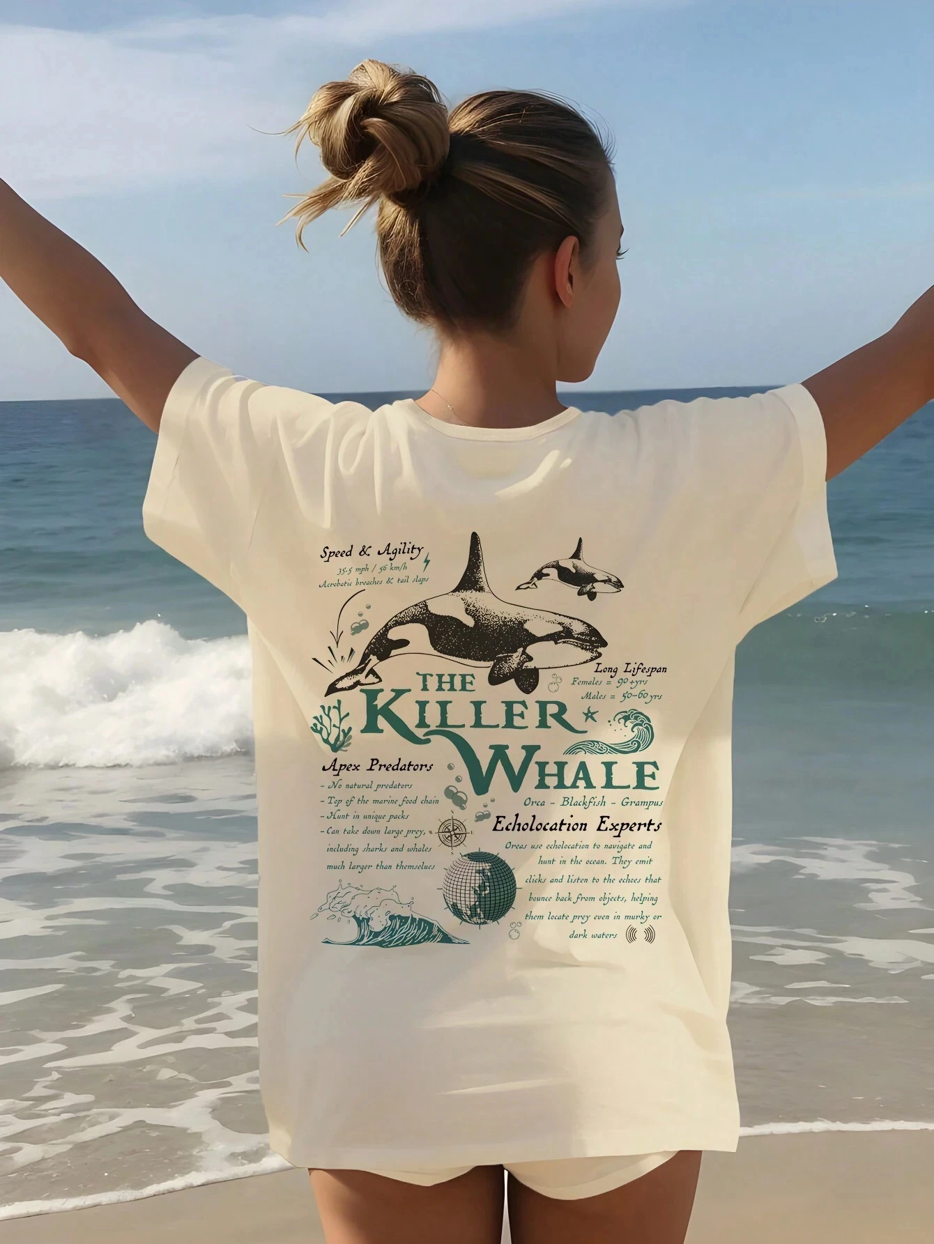 Lässiges Grafik-T-Shirt mit Ozean-Motiv, kurzärmliges T-Shirt mit Wal- und Buchstabendruck. Modisches, lässiges Mädchen-T-Shirt, geeignet für den Sommer