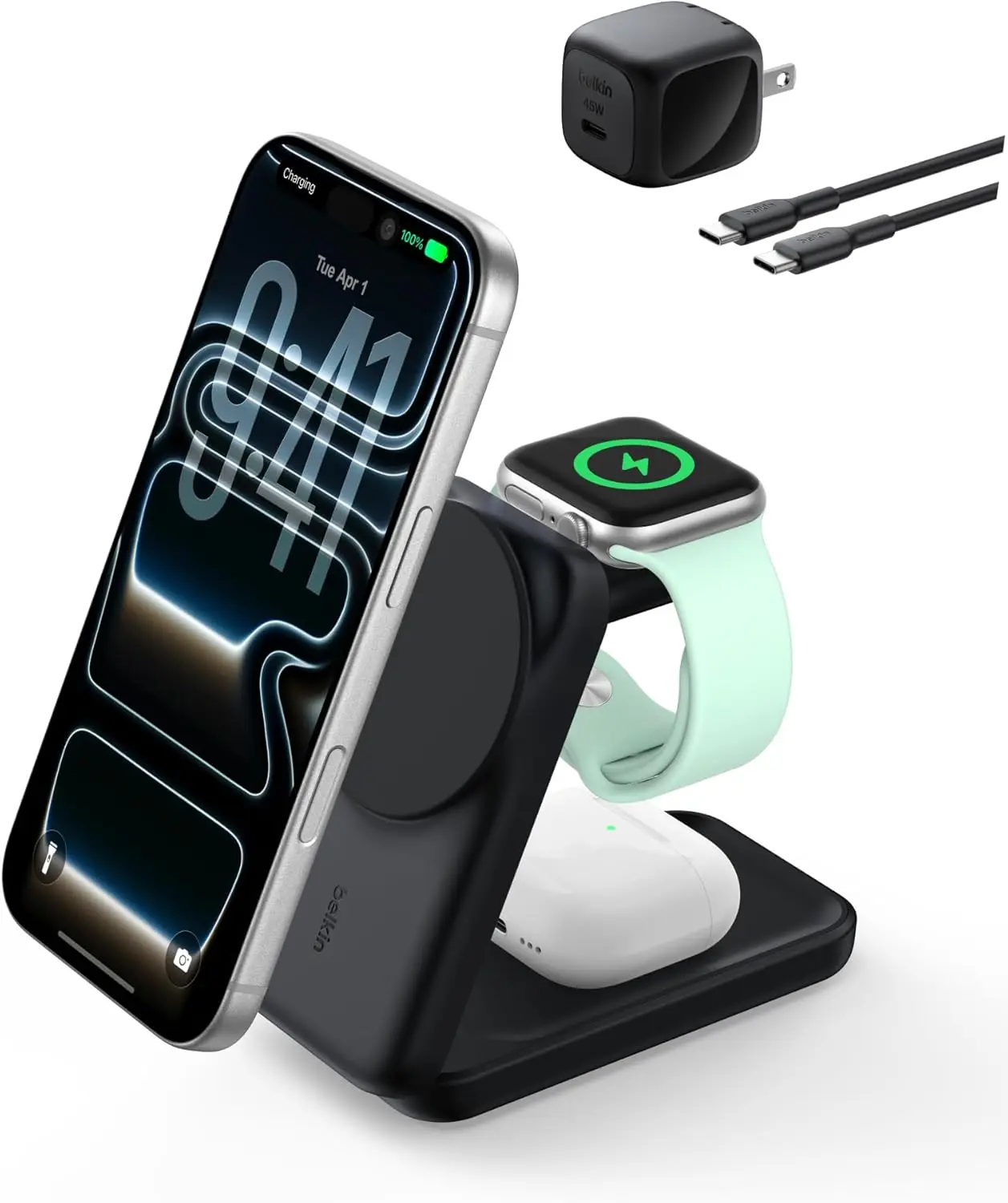 3-in-1 25W Qi2 Magnetic Wireless Charging Station for iPhone, Apple Watch, AirPods, Foldable Travel Stand with 45W Adapter
