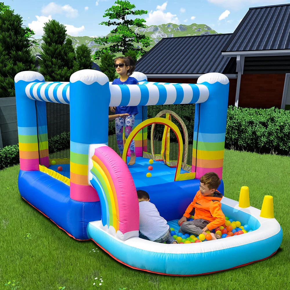 Outdoor Inflatable Rainbow Castle Set Summer Inflatable Water Bounce Jumping House for Kids with Ball Pools