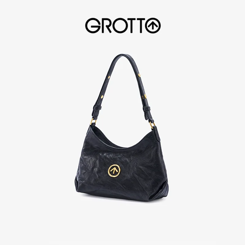 GROTTO Fashion 2025 New Mini Hobo Genuine Leather Single Shoulder Crossbody Small Soft Bag Casual and Versatile
