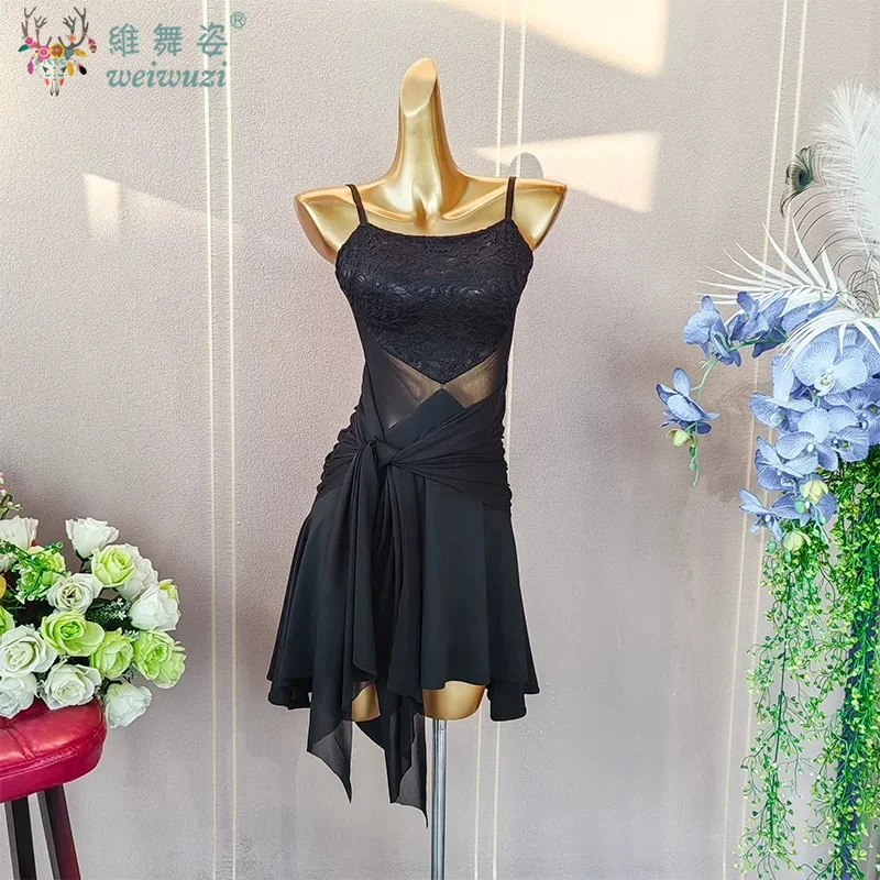 Latin Dance Professional Competition Clothes Mesh Suspender  Dress Womens Sexy Ballroom Skirt Practice Wear Prom Stage Costume