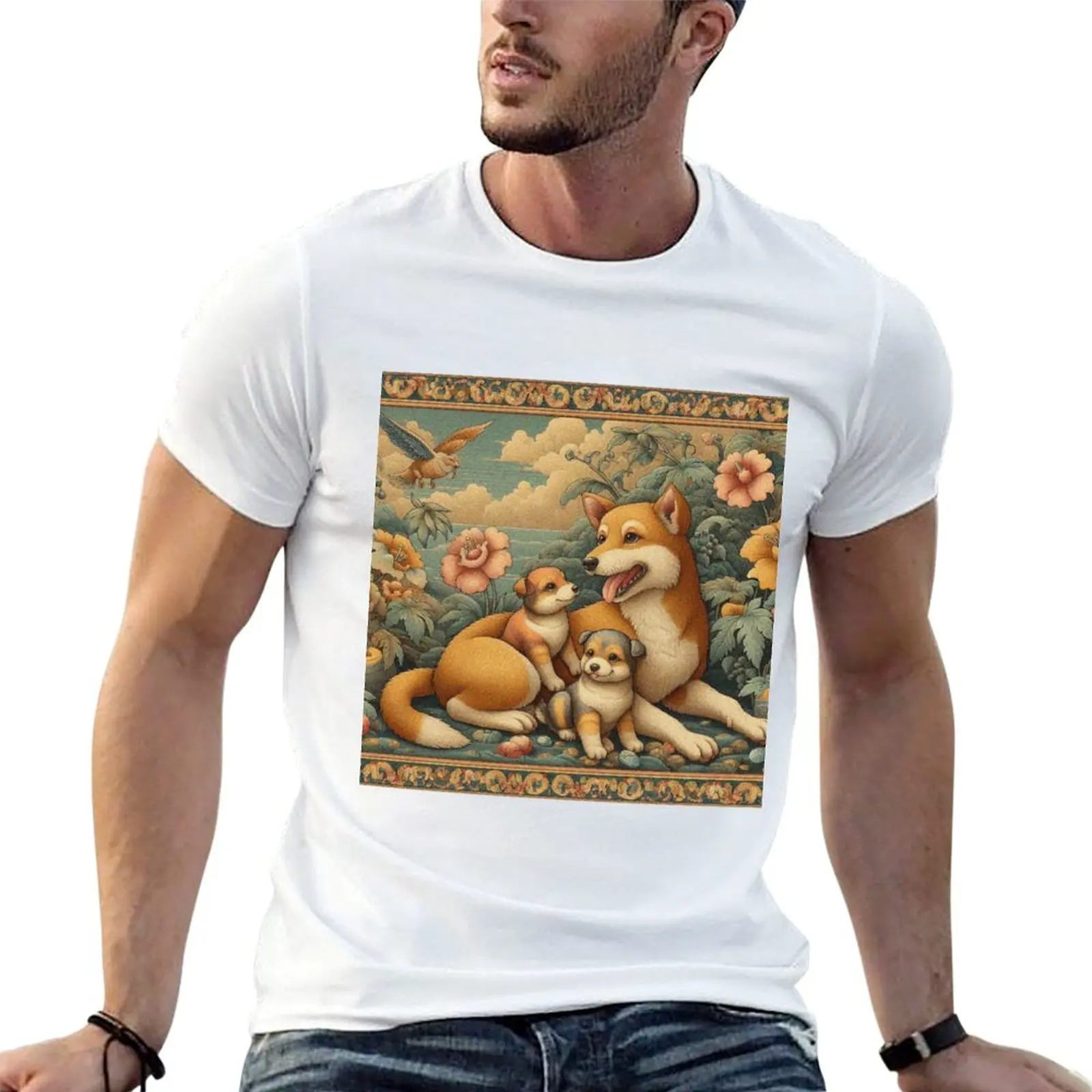 Mama Dog and Puppies having fun in outdoor seaside T-Shirt Summer Holiday Casual Tee