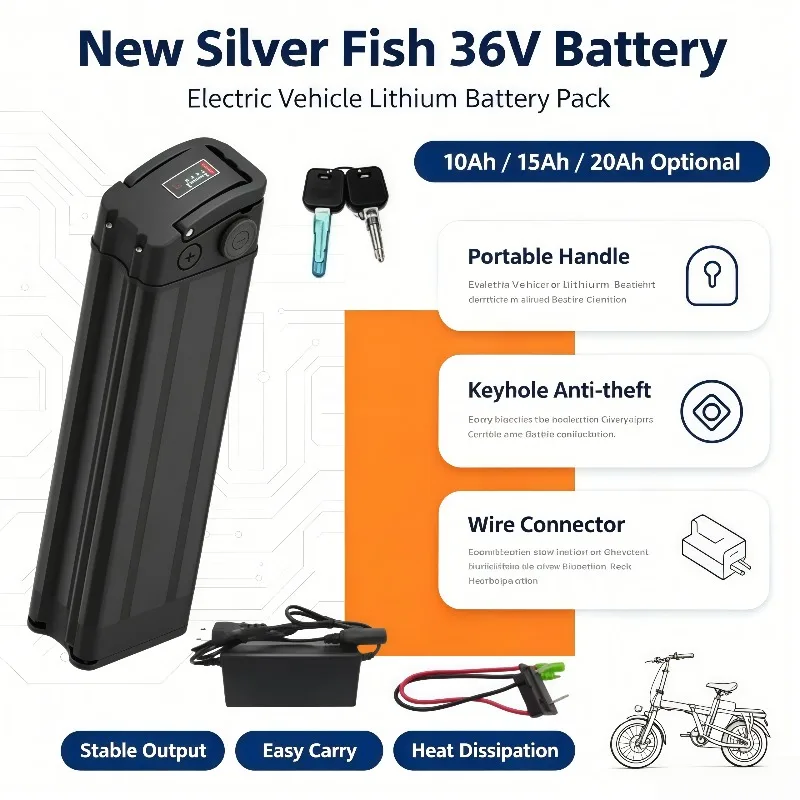 . Foldable Electric Bicycle Silver‑Fish 36V Spare Lithium‑Ion Battery, 21700 Cells 10Ah 15Ah 20Ah, Built‑in Safety BMS Circuit