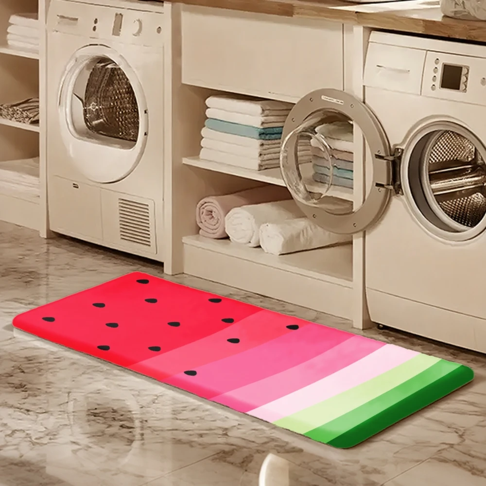 3PCS Mat Set,  Home Decoration for Front Door, Kitchen,  Watermelon Pattern With Red Pink Green And Black Seeds Kitchen Rug.