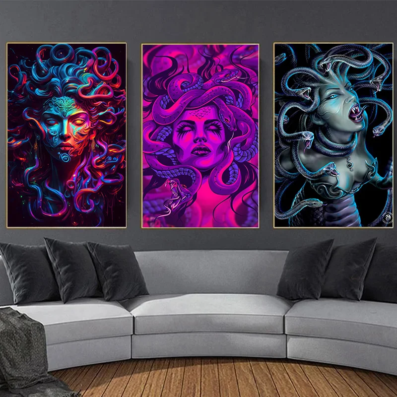 Ancient Greece The Gorgon Medusa Canvas Poster Neon Paintings Prints Wall Art Picture Poster for Living Room Bedroom Home Decor