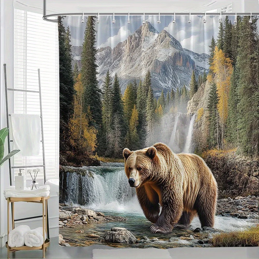 

1 шт. большая занавеска для душа с медведем - декор для ванной комнаты с коричневым медведем, горным пейзажем и водопадом, можно стирать в машине
