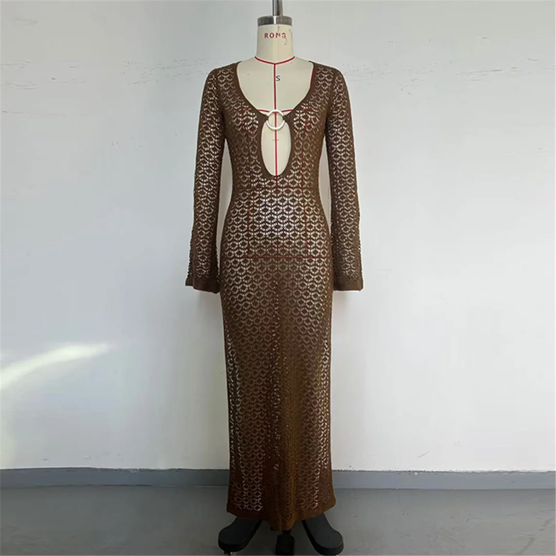 Ausgeschnittenes, langärmliges, hochgeschlitztes, gehäkeltes, gestricktes Tunika-Strandkleid, Strandkleid, Strandmode, Damen V8512 – Detail 15