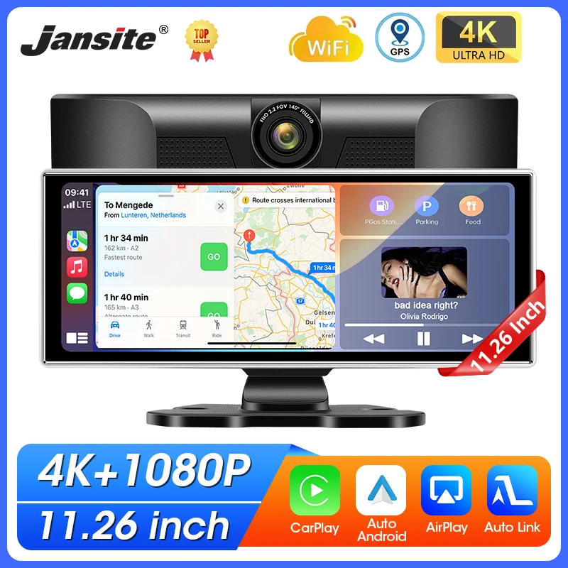 

11.26 inch 4K Car DVR Dash Cam Wireless Carplay & Android Auto GPS Navigation Dashboard Video Recorder Dual Lens FM AUX BT