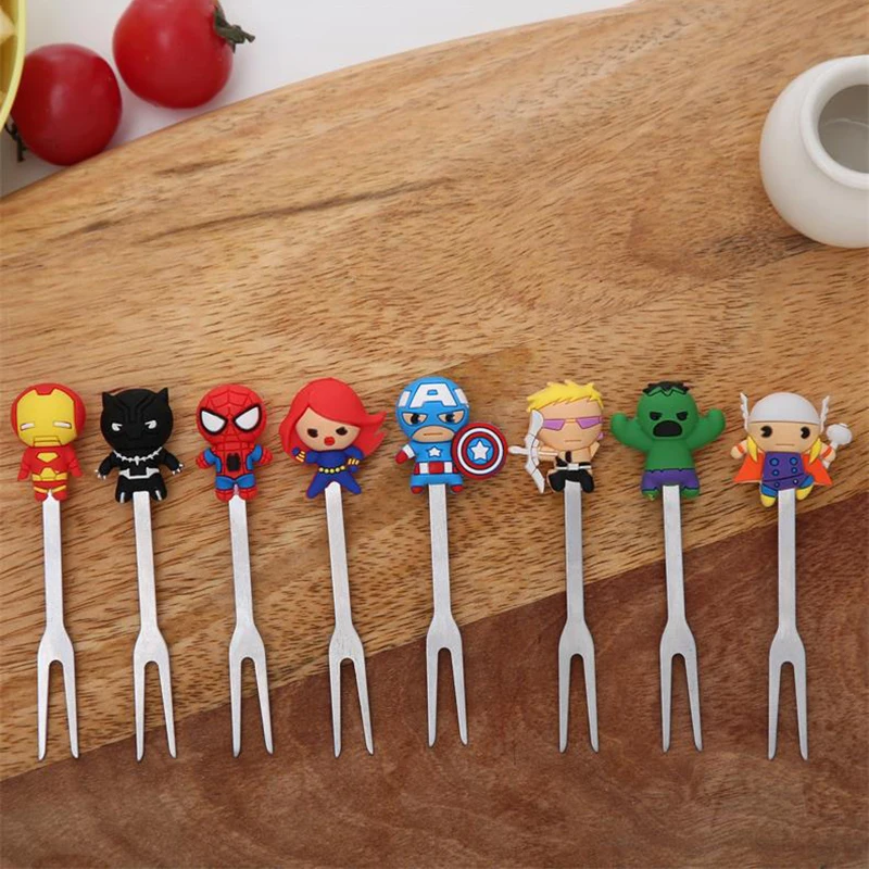 Disney Marvel Avengers Cutlery Anime Figure Iron Man Spiderman Hulk Stainless Steel Silicone 8pcs/Set Fruit Forks