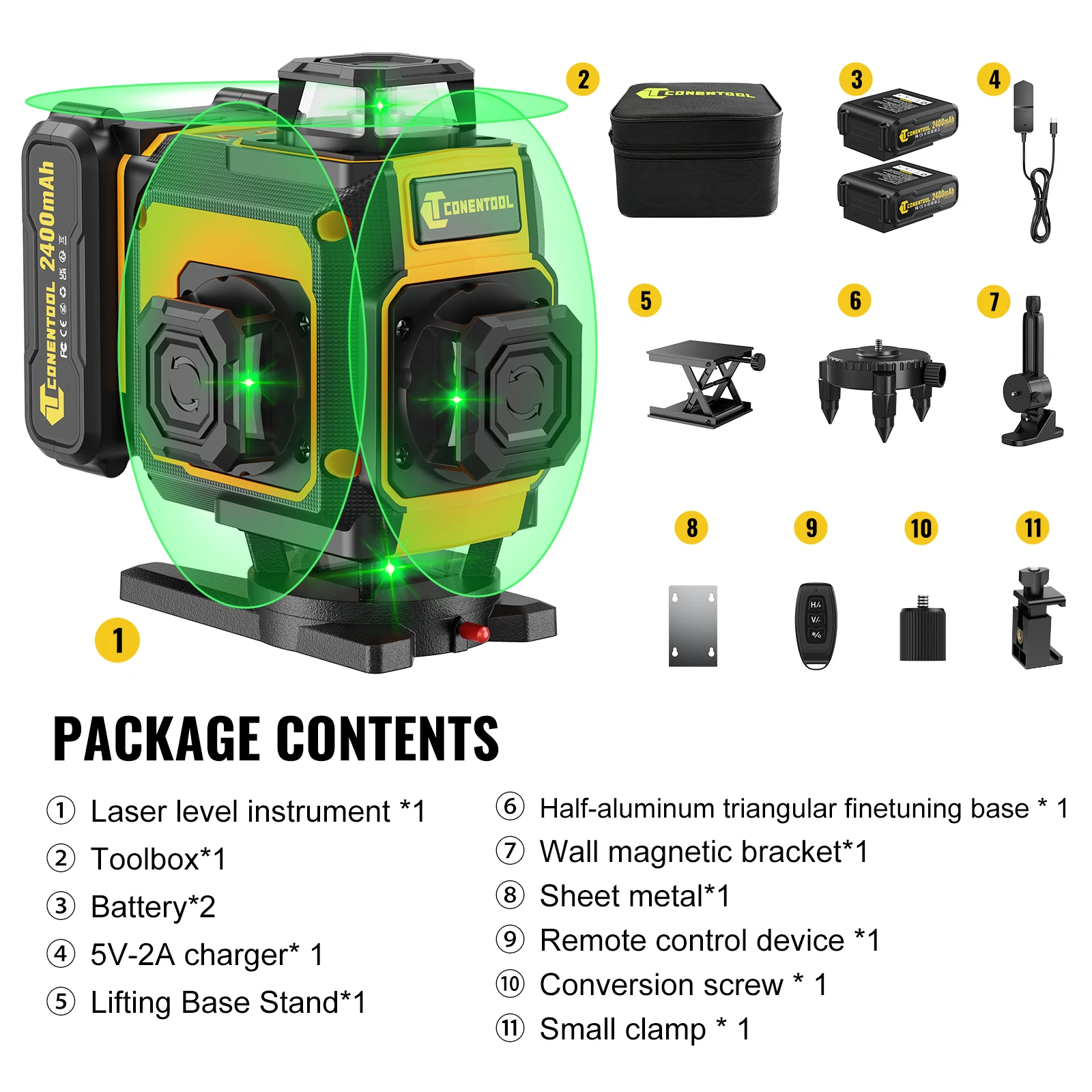 CONENTOOL 16-lijns 4D-laserwaterpas met statief, groene lijn, zelfnivellerend, 360° horizontaal en verticaal kruislicht, krachtige straal
