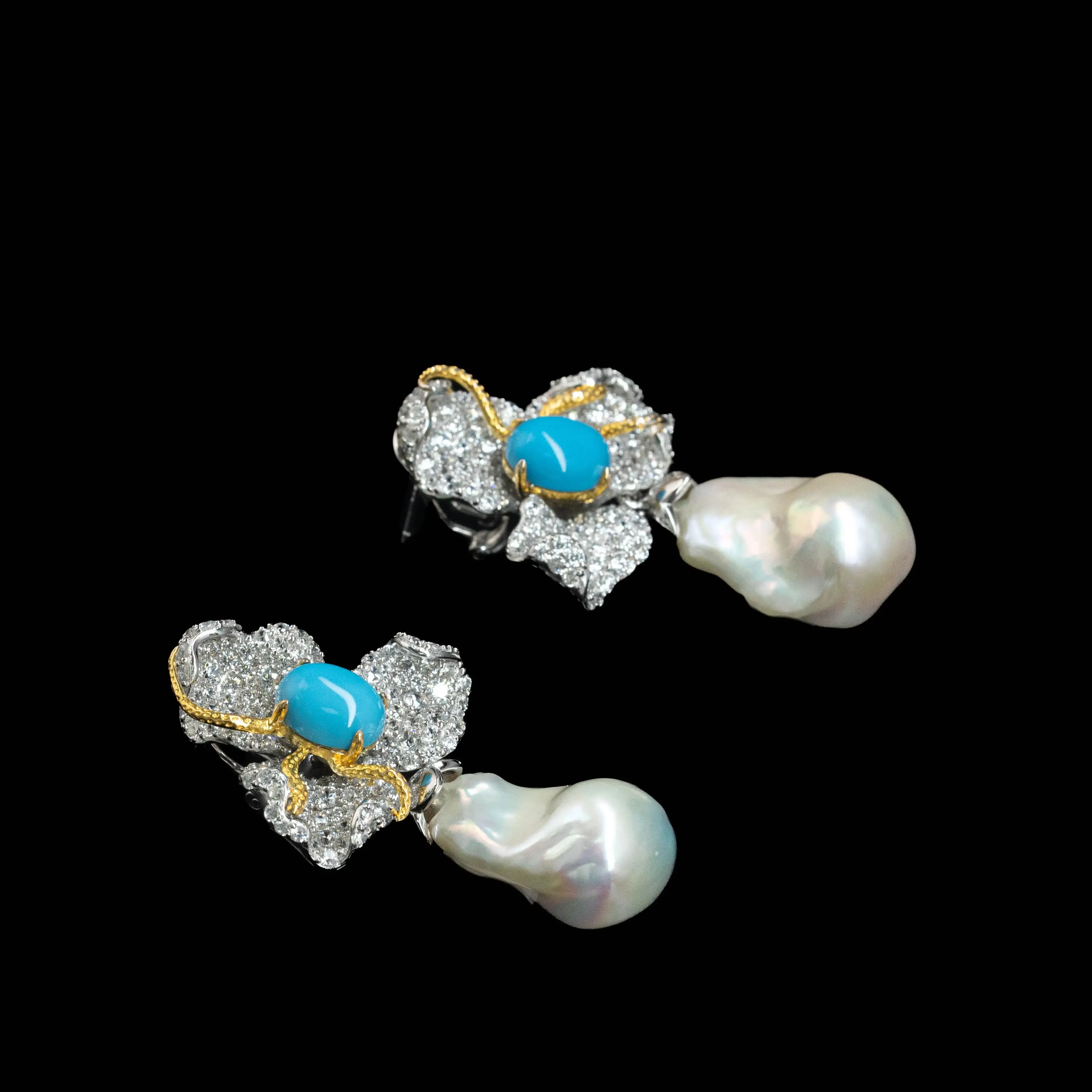 Elegant Artificial Turquoise Pearl Drop Earrings Flower Design 925 Sterling Silver Fine Jewelry for Women's Vacation Party Gifts
