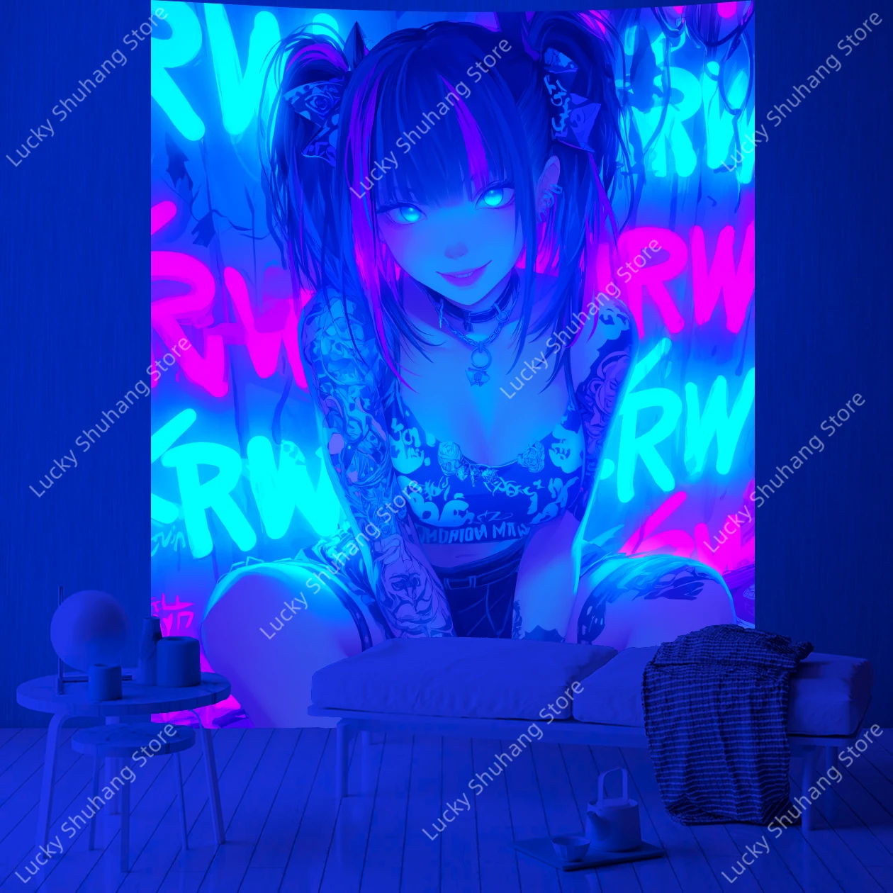 Cyberpunk Girl UV-Wandteppich, lila schwarzes Haar mit Neon-RV-Schild, edgy Tattooed Anime-Kunst, großer Wandbehang für Schlafzimmerdekoration