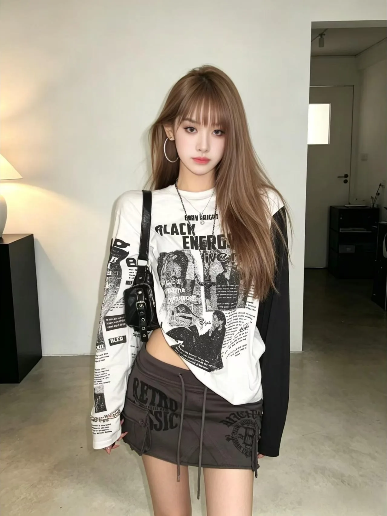 Spring and Autumn Season Girl Y2K Millennium Subculture Retro Portrait Drop-Shoulder Long Sleeve Washed Letter Color-Block Top