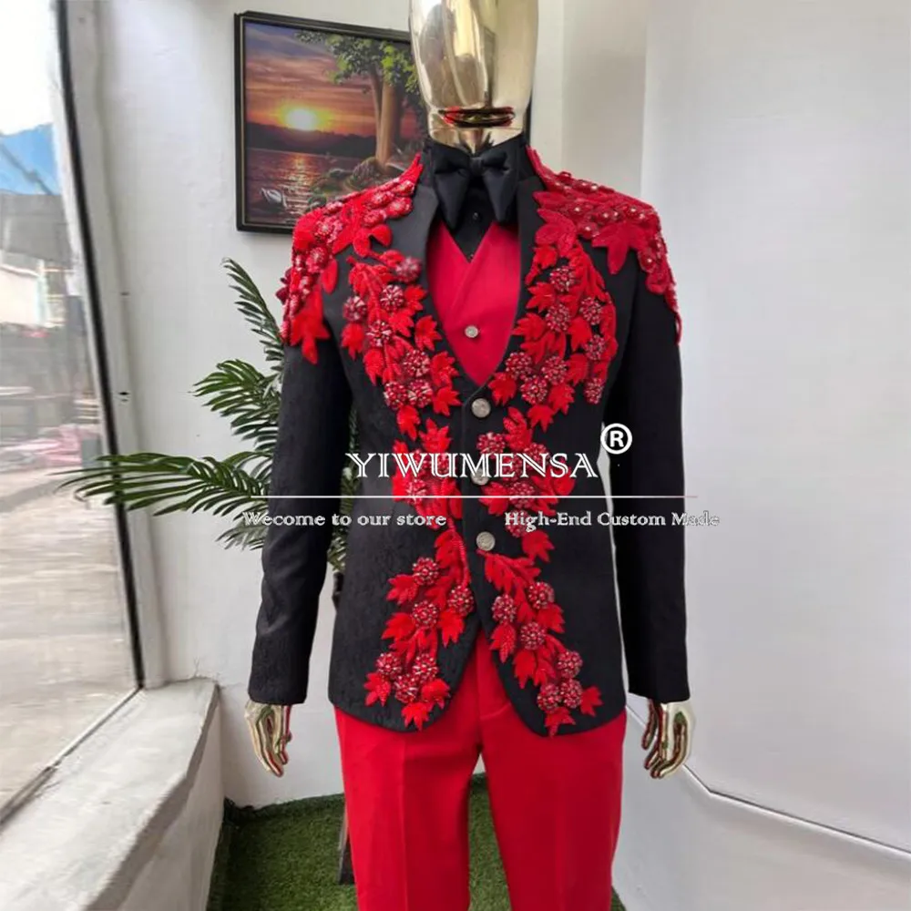 

Luxurious Red Embellished Safari Grooms Suit Single Breasted Jacket Pants 2 Pieces Man Wedding Tuxedos Tailored Costume Homme