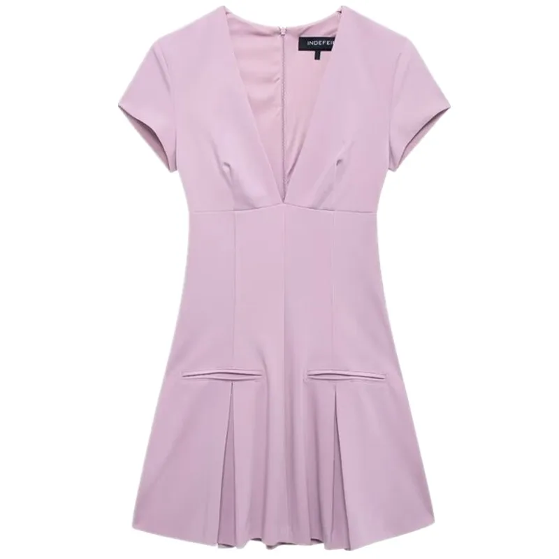 Fall 2024 New Women's Design Wide Pleat ort Sve V-ne ort Dr Ele Faionable Single Piece Other Material 00%