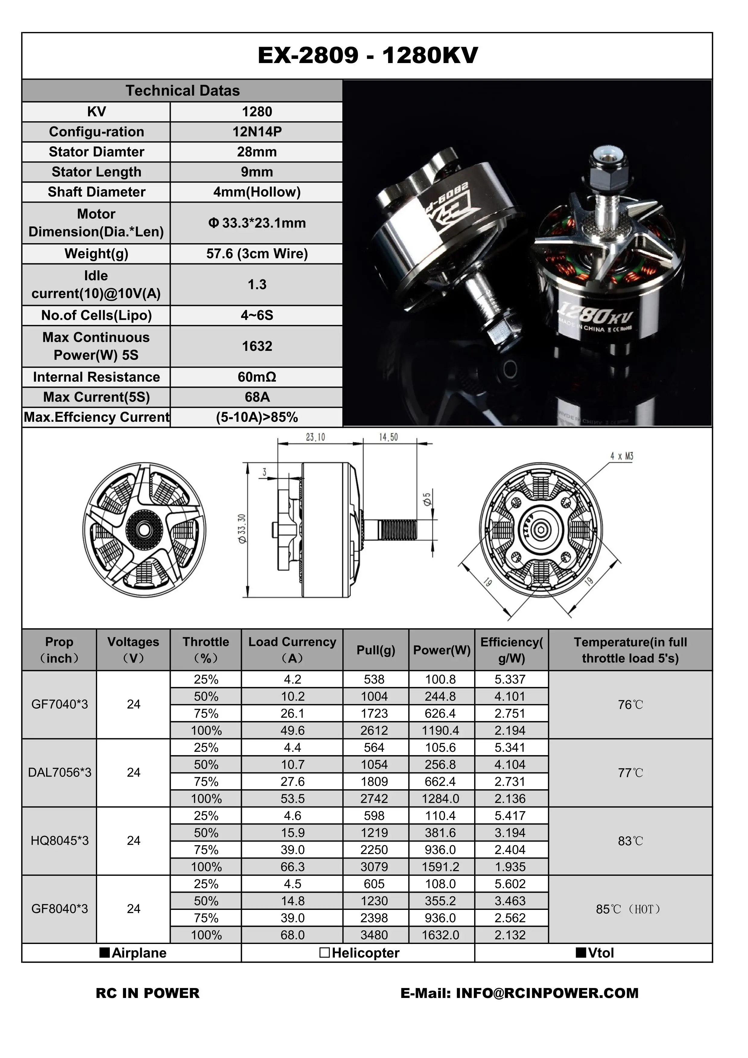 Rcinpower Ex 2809 1280kv 4-6s Cinelifter Motor Unibell With 5mm Titanium Alloy Shaft Compatible 7-8inch Propeller For Fpv Drone