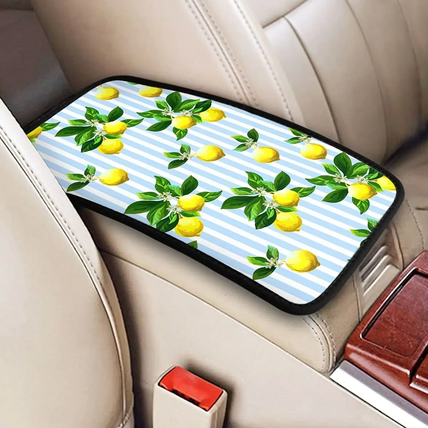 Auto Center Console Armrest Cover Pad, Fresh Lemon Fruit and Leaves Universal Fit Car Armrest Cover Cushion Mat for Mo