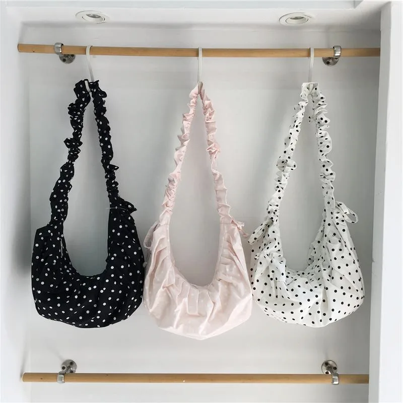 Korean Dongdaemun Cute Pleated Drawstring Shoulder Crossbody Polka Dot Fabric Tote Bag