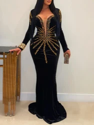 Robe de Soirée Longue en Velours avec Diamants pour Femme, Tenue Élégante, Sexy, Décolmétrage en V Profond, Formelle, Noire, Slim