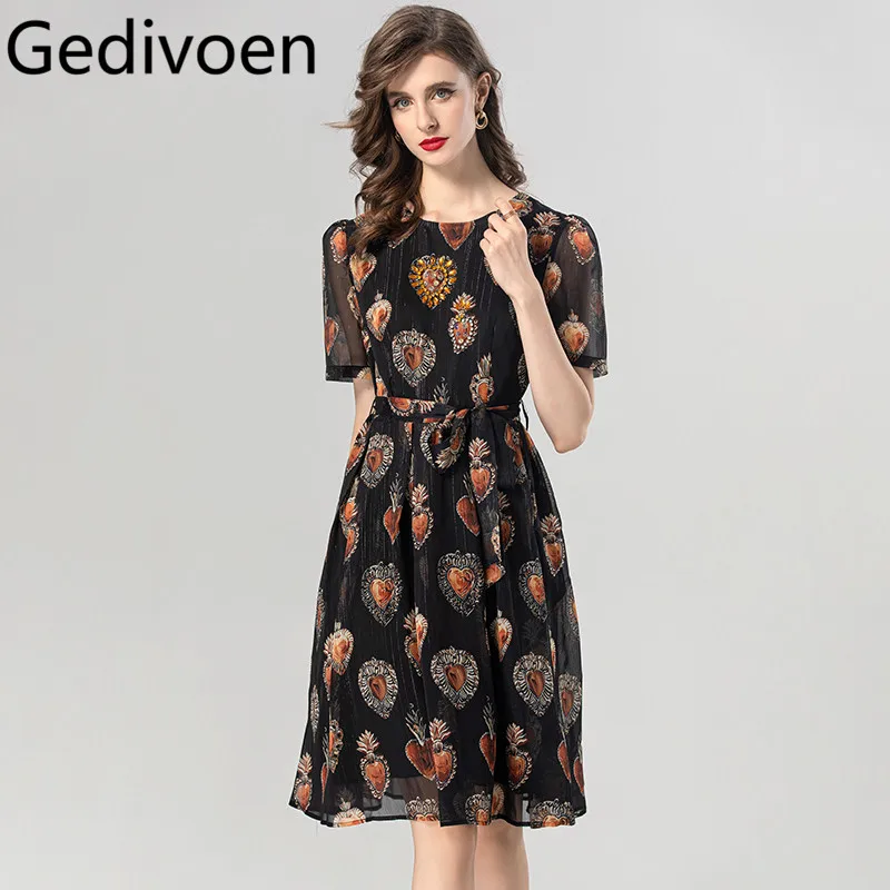 

Gedivoen Summer Fashion Runway Designer Dresses Women's Bohemian Print Sashes Chiffon Temperament Princess Mini Flutter Dresses