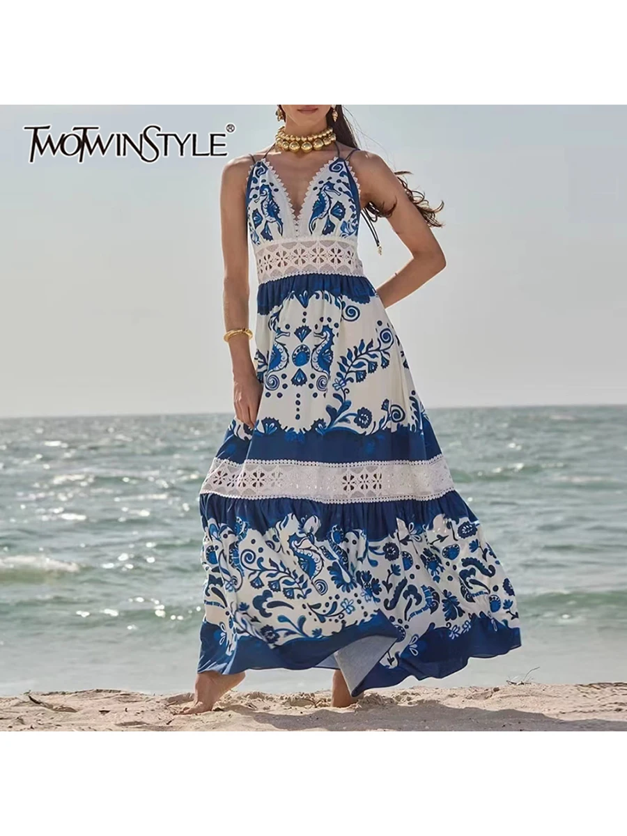 

TWOTWINSTYLE Hit Color Slimming Dresses For Women Deep V Neck Sleeveless High Waist Temperament Dress Female Fashion Style New