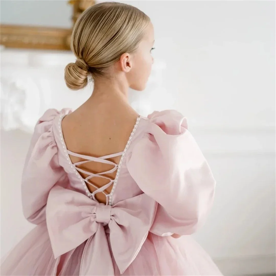 Communion Banquet Princess Flower Girl Dresses Dusty Pink Birthday Holy Gowns Pearls Neck With Bow Half Sleeve