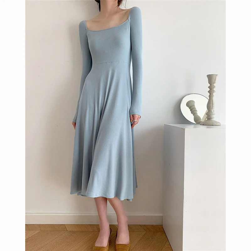 Gidyq Elegant Women Dress Fashion Korean Casual Slim Fit Female Midi Dresses All Match Stretch Sexy Long Sleeve A Line Dress